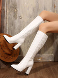 Ken Doll Style Slim Fit Pointed Toe Knee High Boots, Chunky Heel, Elastic Shaft For Women