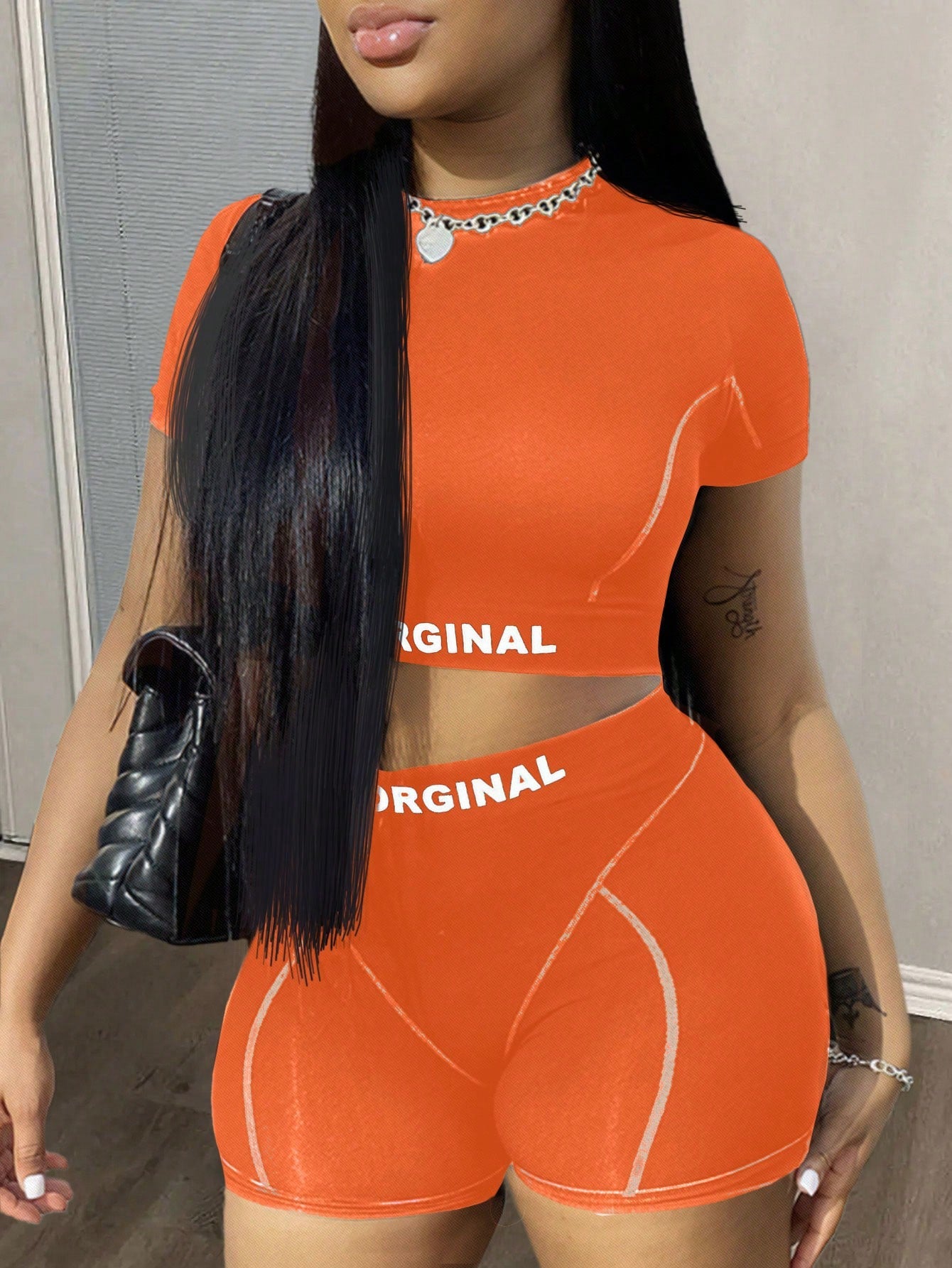 Summer Casual Simple Basic Round Neck Short-Sleeved Contrasting Color Princess Line Cropped Top Mini Cycling Contour Line Top-Line Decorative Shorts With Label Slogan English Letters Slim Fit Women's Two-Piece Set-H