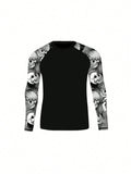 Men's Skull Print Crew Neck Long Sleeve Surfing T-Shirt, Summer