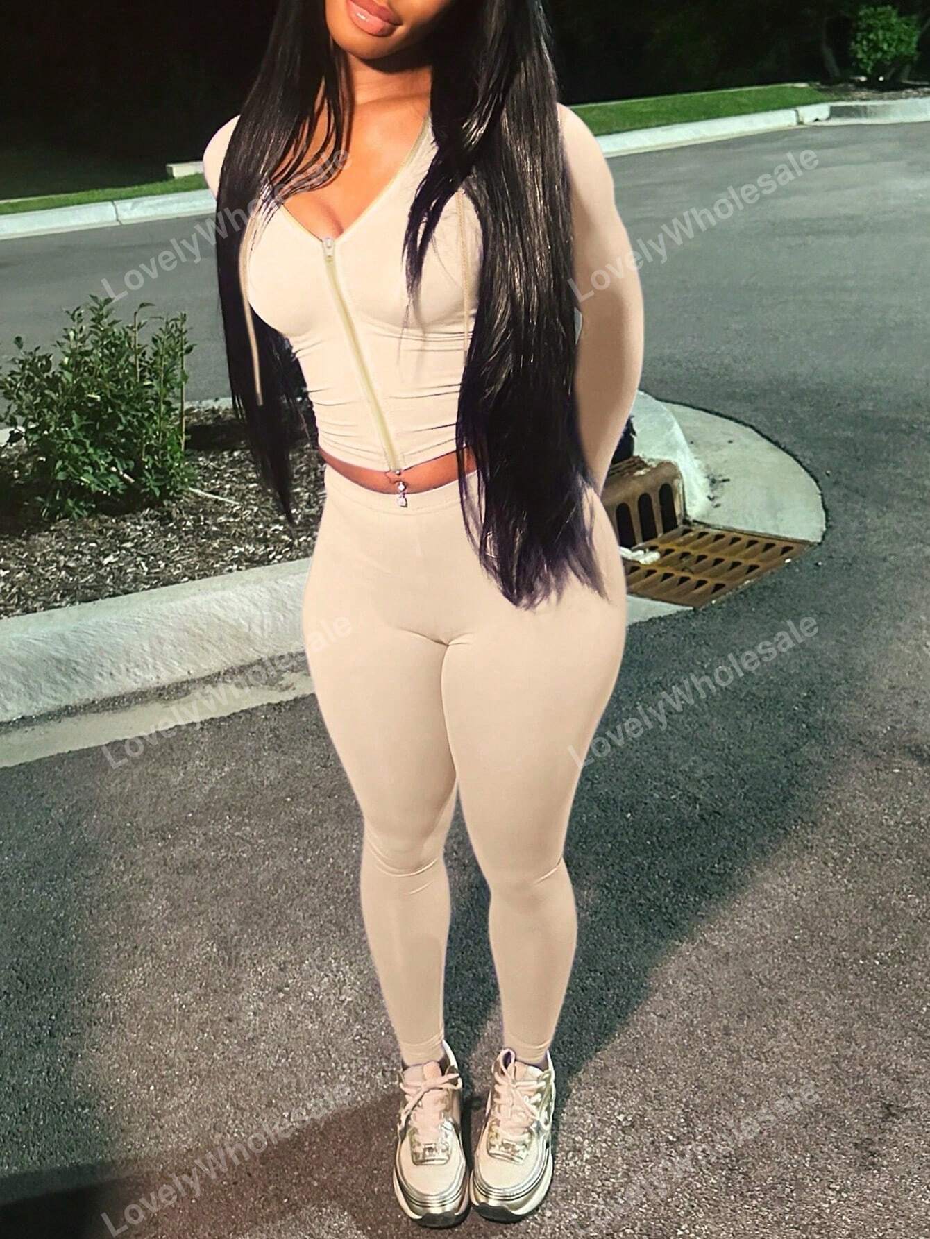 Casual Solid Color Drawstring Hoodie And Pants Two-Piece Set