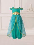 Young Girl Off Shoulder Green Princess Jumpsuits, Ideal For Costume Play Party