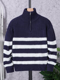 Tween Boys' College Style Striped Turn-Down Collar Half Zip Knit Pullover