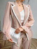 Modely Women's Contrast Trim Lantern Sleeve Double Breasted Blazer