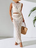 Women's Solid Color Crew Neck Sleeveless Hollow-Out Fringe Trim Mesh Top And Mini Skirt Set