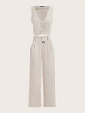 Women's Summer Corduroy Solid Color Single-Breasted Suit Vest And Loose Long Pants Set