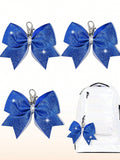 3PCS Cheer Bow Key Chain Glitter Blue Hair Bow For Girls Rhinestones Sequin Bow School Senior Cheer Bow Accessories For Teen Softball Football Cheerleader Sports
