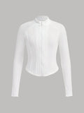 Tween Girls' White Fitted Cropped Zipper Jacket For Spring & Fall