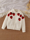 Young Girl Strawberry Pattern Crew Neck Single Breasted Long Sleeve Casual Chic Cardigan Sweater