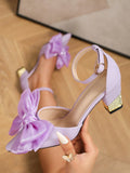 Women's Thick Heel Pointed Toe Hollow Bow Tie Sandals, Light Purple, Summer
