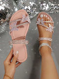 Colorful Crystal Bow Decor 2-Way Wear Women's Slip-On Sandals, Summer/Fall Flat Slides