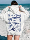 Tween Girls Hooded Long Sleeve Loose Fit Casual Marine Life Print Sweatshirt