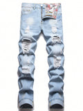 Men Cotton Patchwork Panel Ripped Frayed Bleach Wash Jeans