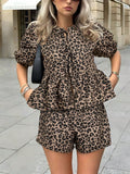 Leopard Print Tie Front Blouse & Shorts