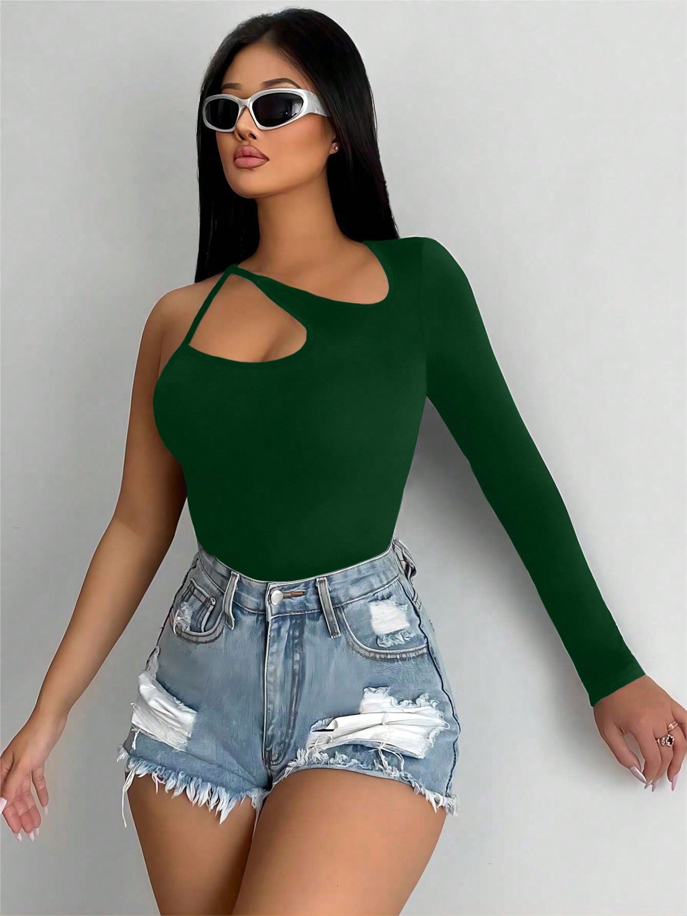 Solid Cut Out Asymmetrical Neck Slim Fit Top