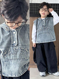 2pcs Young Boy Casual Loose White T-Shirt Top & Denim Vest Set