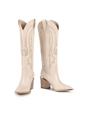 ISNOM Embroidered Knee High Cowboy Boots For Women With Pointed Metal Toe, Black White Nude Tall Western Boots, Block Chunky Heel