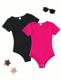 Solid Color Jumpsuit For Girls, Knitted, Streetwear Style, Fuchsia, Spring Summer