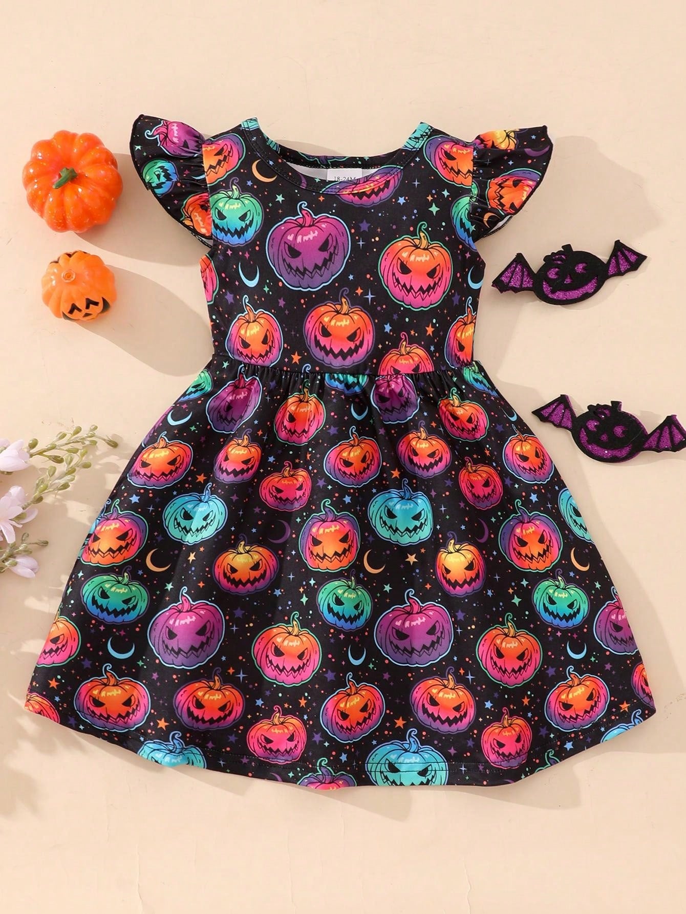 Girls Halloween Pumpkin Print Casual Dress With Flying Sleeves