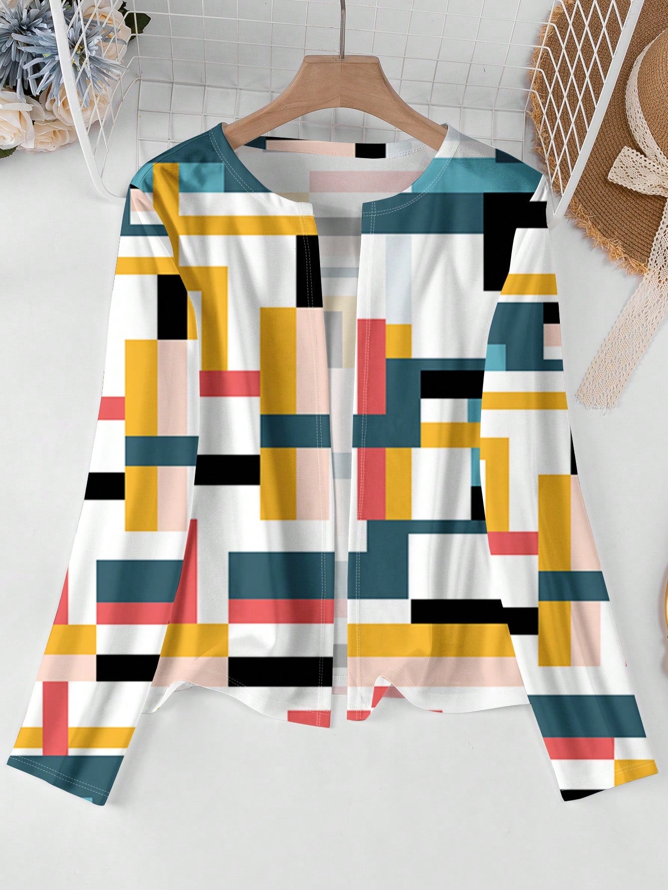 Plus Size Elegant Printed Short Jacket With Contrast Color Edges, Autumn/Winter