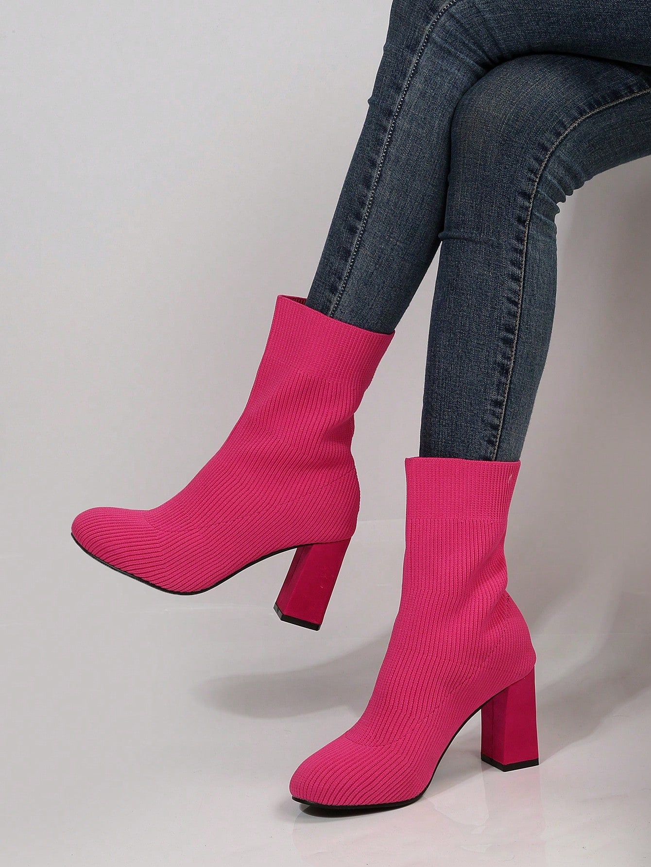 Women's Fashion Pointed Toe Elastic Knit Ankle Boots, Thick Heel High Heels Mid-Calf Sock Boots In Large Size, Autumn
