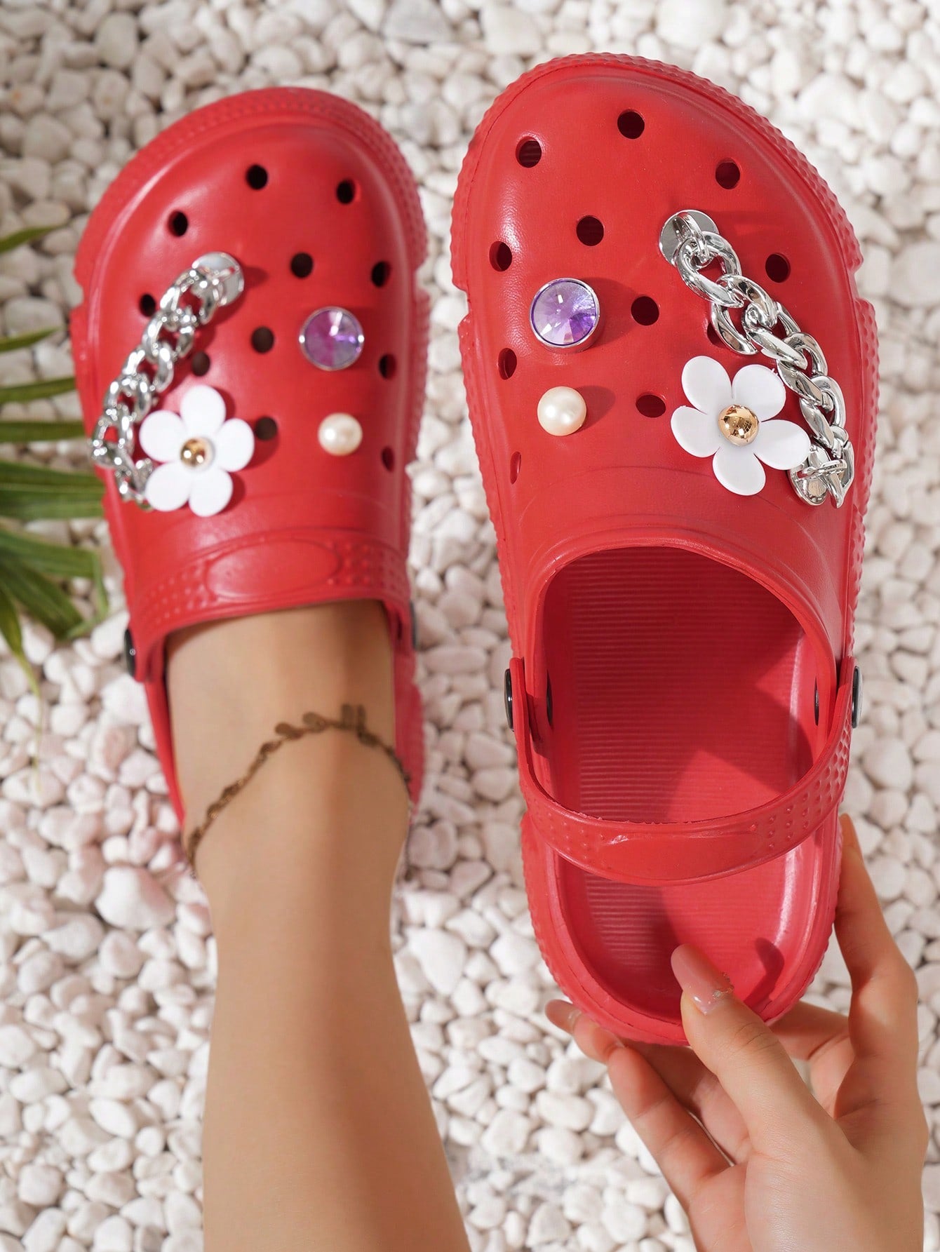 Women's Floral & Rhinestone Decor Clogs, Slip On Soft Sole Platform Casual Garden Slides, Summer Non-Slip Beach Slides