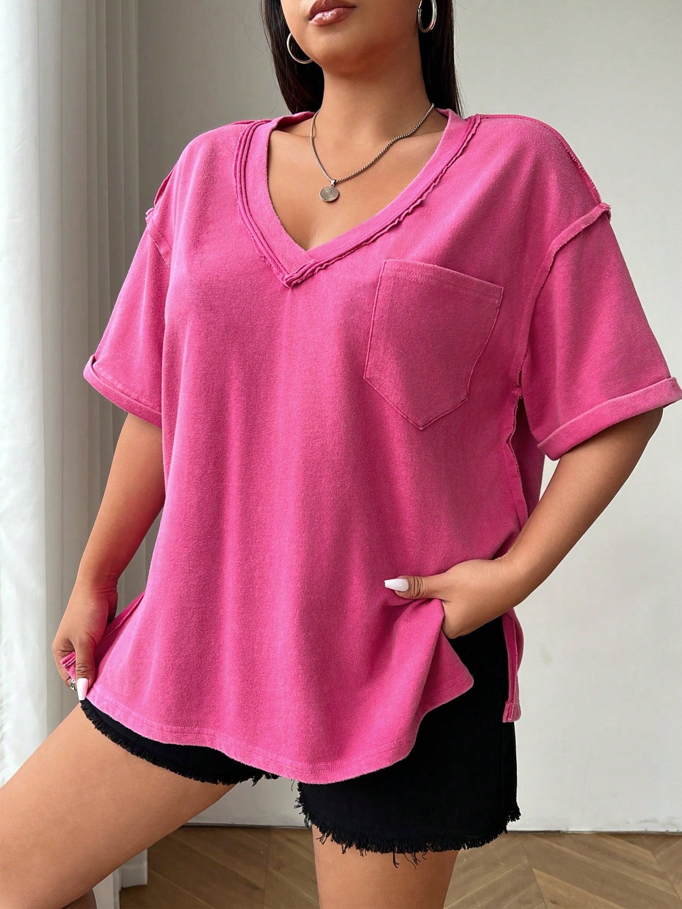 Plus Size Acid Washed Look Vintage Knitted Distressed Loose Fit Short Sleeve T-Shirt