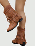 Fairycore Women's 2024 Autumn/Winter New Pointed Toe Low Heel Tassel Embroidered Western Ankle Boots And Short Boots