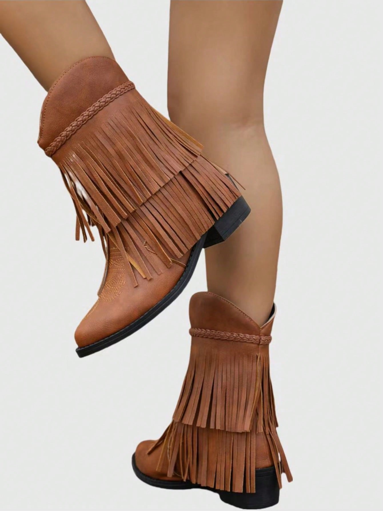 Fairycore Women's 2024 Autumn/Winter New Pointed Toe Low Heel Tassel Embroidered Western Ankle Boots And Short Boots