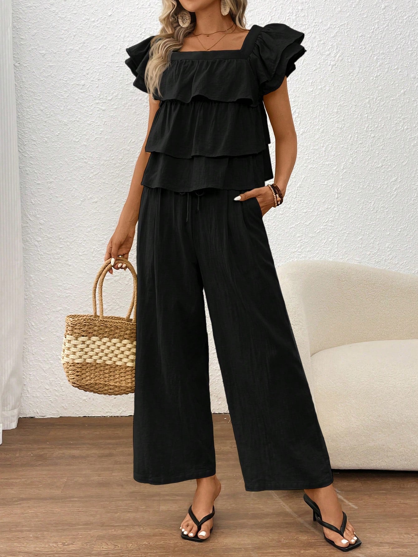 Layered Design Casual Vacation Woven Solid Color Square Collar Set