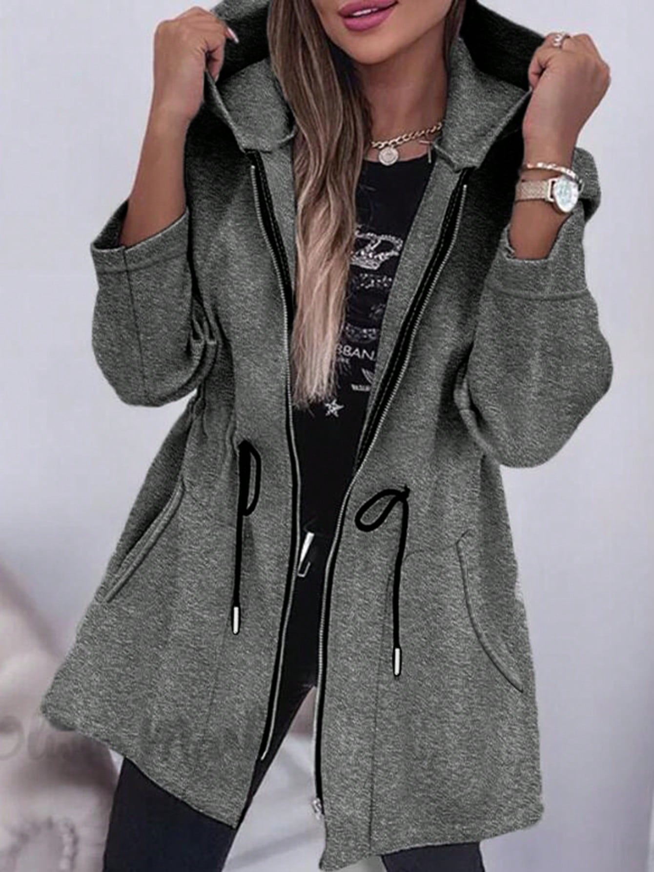 Drawstring Waist Raglan Sleeve Hooded Coat