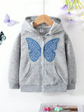 Girls Knitted Zip-Up Butterfly Hooded Jacket, Casual Daily Lightweight Coat For Autumn Winter