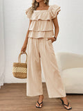 Casual Layered Woven Solid Color Square Neck Suit Set