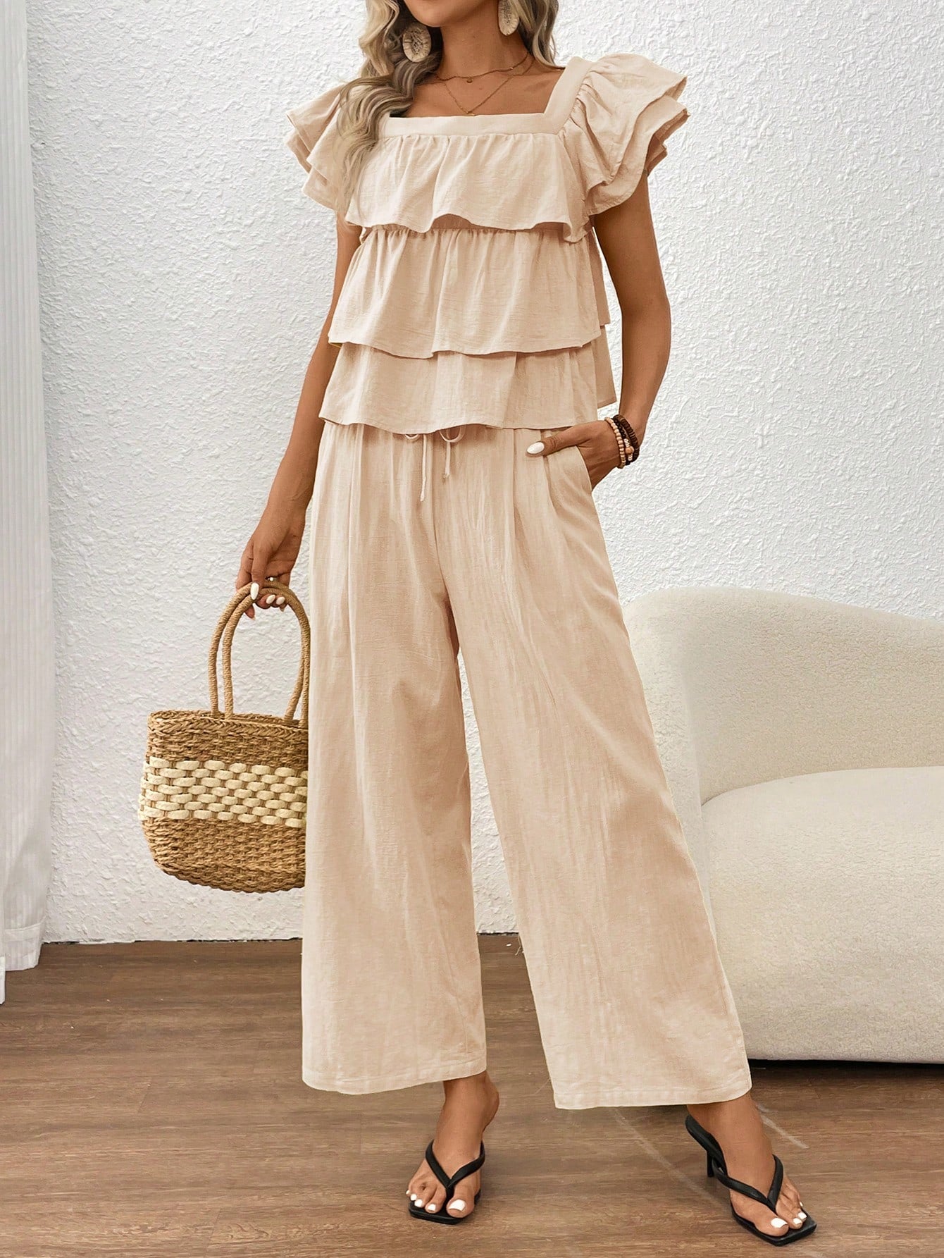 Casual Layered Woven Solid Color Square Neck Suit Set