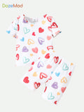 Young Girls' Knitted Heart Pattern  Round Neck Top And Shorts Snug Fit Homewear Set