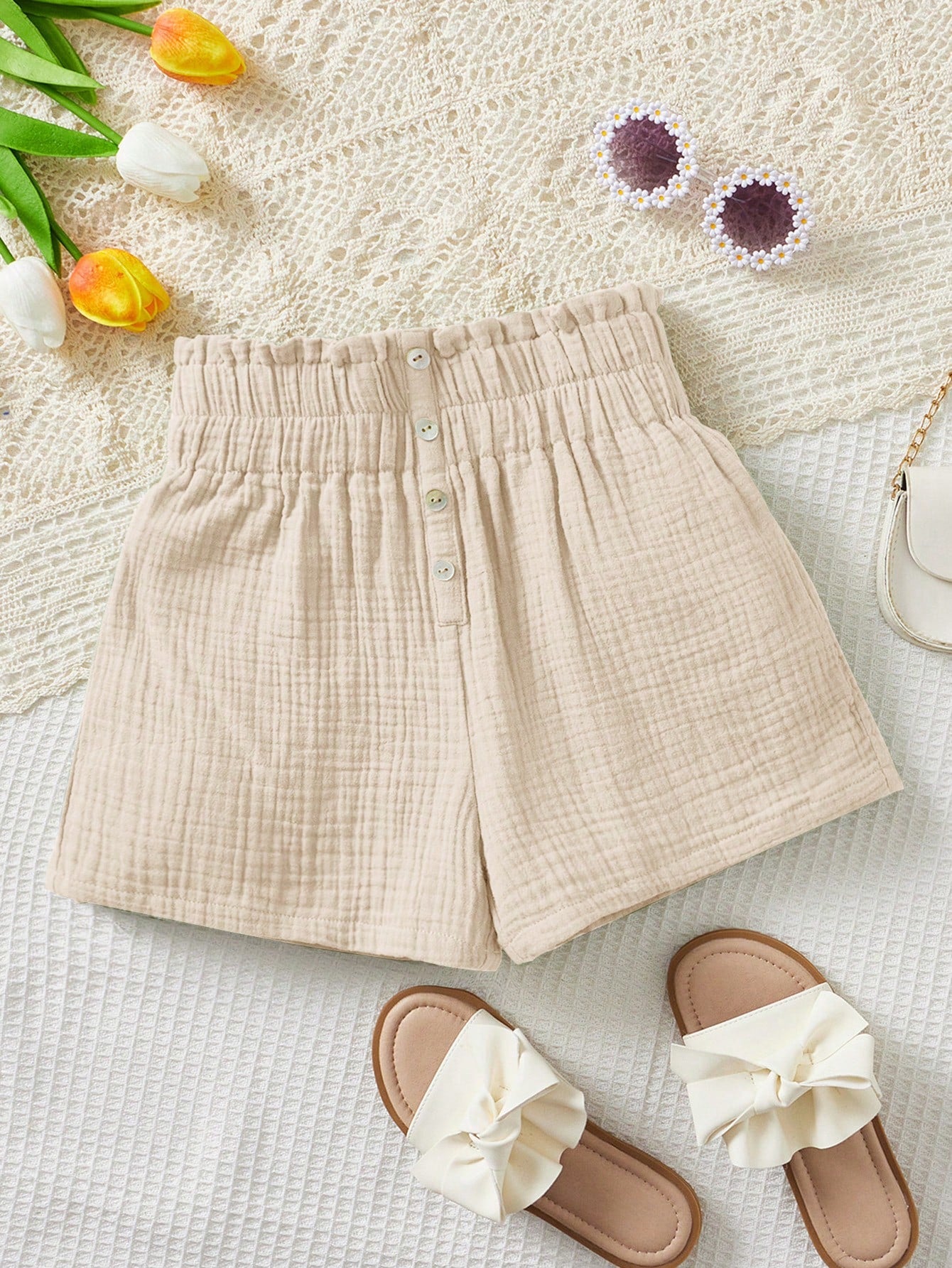 Tween Girls Solid Color Loose Front Button Decor Ruffle Trim Waist Casual Shorts