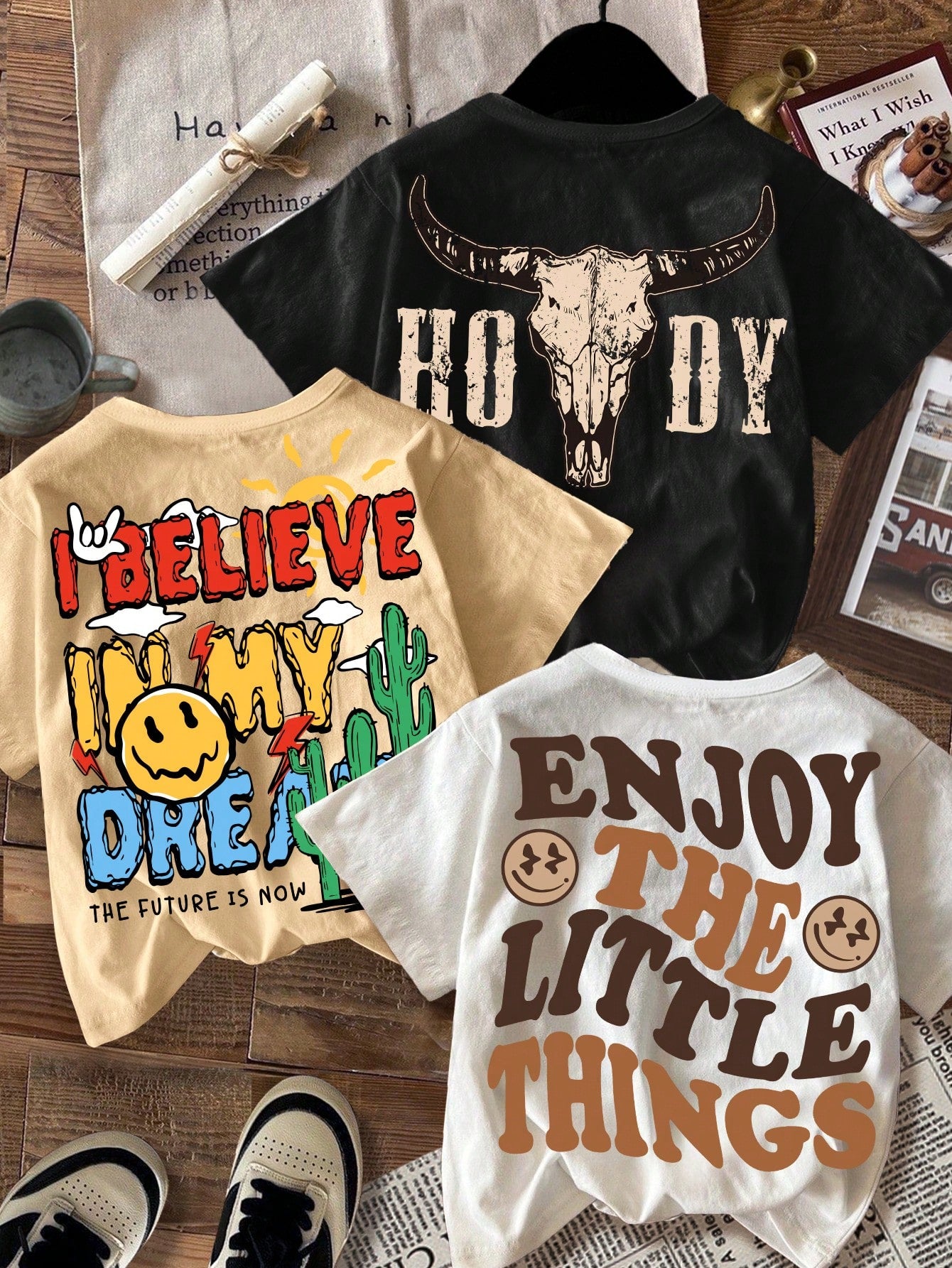 Set Of 3 Vintage Car And Motorcycle Print Round Neck Short Sleeve T-Shirt, Casual And Retro For Tween Boys, Summer