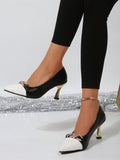 Women Rhinestone Chain Decorated High Heels, Pointed Black And White Color Matching Stiletto High Heels