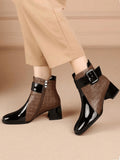 Women's Color Block Square Toe Fashion Ankle Boots With Belt Buckle, Thick Heel/medium Heel And Side Zipper