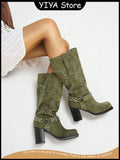 Women's Studded Square Toe Boots Suede Mid Calf Block Heeled Biker Boots Handsome Pull On Chunky Heel Motorcycle Boots