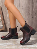 Wine Red Asymmetrical Pattern Dual Elastic Chunky Heel Square Toe Chelsea Casual/Work Boots For Women