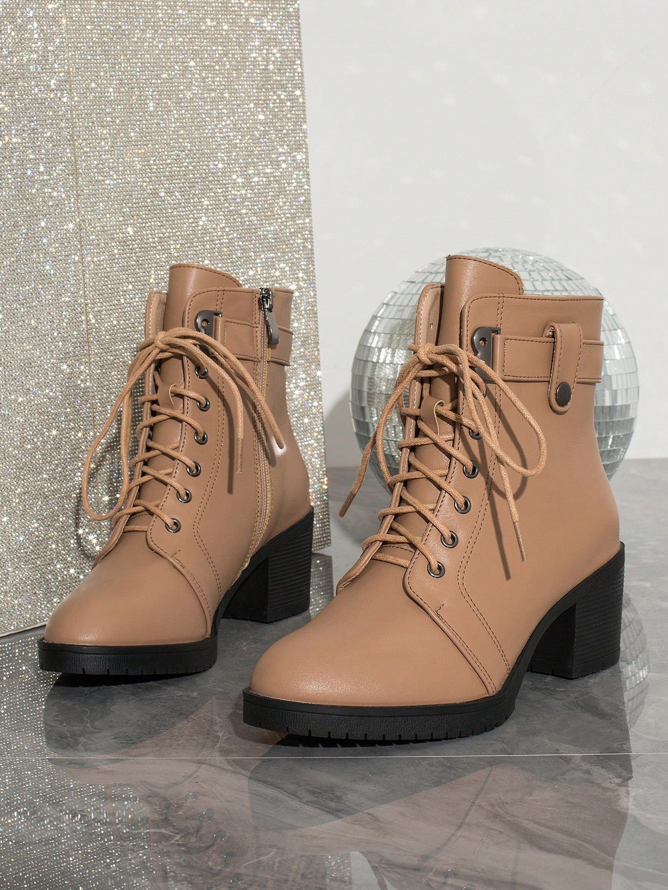 Round Toe Thick Heel Anti-Slip Platform, Side Zipper Cross Lace-Up, Classic Fashion  Boots For Women