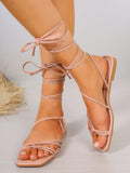 Women's Square Toe Cross Strap Sandals, Fashionable Non-Slip Black Flat Lace-Up Sandals