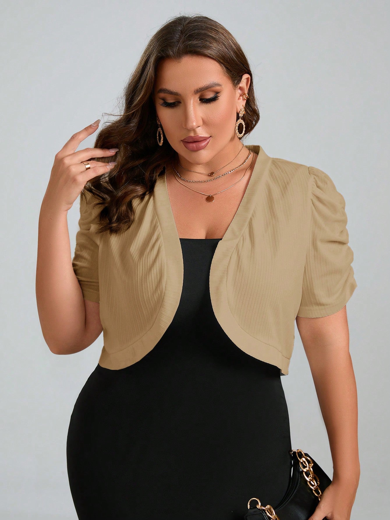 Plus Size Solid Color Short Cropped Jacket With Pleated &amp; Puff Sleeves