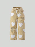 Girls Heart Print Simple Casual Denim Jeans