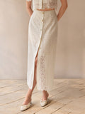 GUIPURE LACE OVERLAY SINGLE BREASTED PLACKET STRAIGHT SKIRT