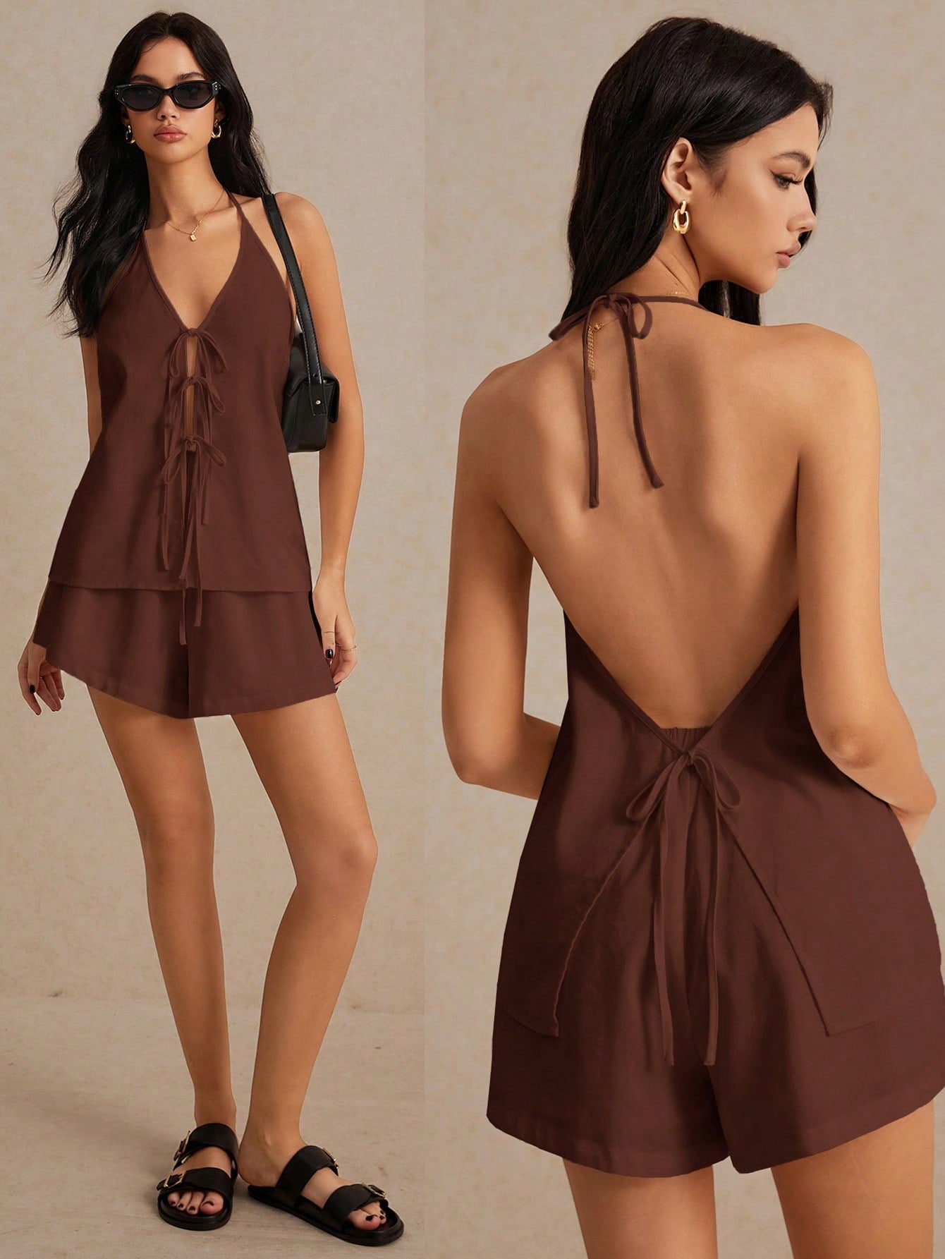 Frenchy Women's Summer Solid Color Halter Neck Tie Front Vest And Women Shorts Casual Two Piece Set  Linen Lace-Up Vest Shorts Two-Piece Set, Fabric Breathable And Comfortable, Simple Fashion Old Money Style, Suitable For Daily Holiday Commuting Home Wear