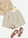 Solid Color Pleated Minimalist Pocket Shorts, Casual Daily Wear