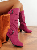 Chunky Heel Elastic Round Toe Mid-Calf Boots With Side Zipper, Women's Autumn Winter Knee High Riding Boots, Versatile Fashion