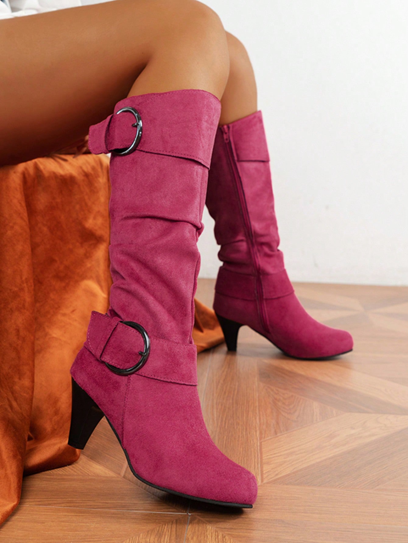 Chunky Heel Elastic Round Toe Mid-Calf Boots With Side Zipper, Women's Autumn Winter Knee High Riding Boots, Versatile Fashion