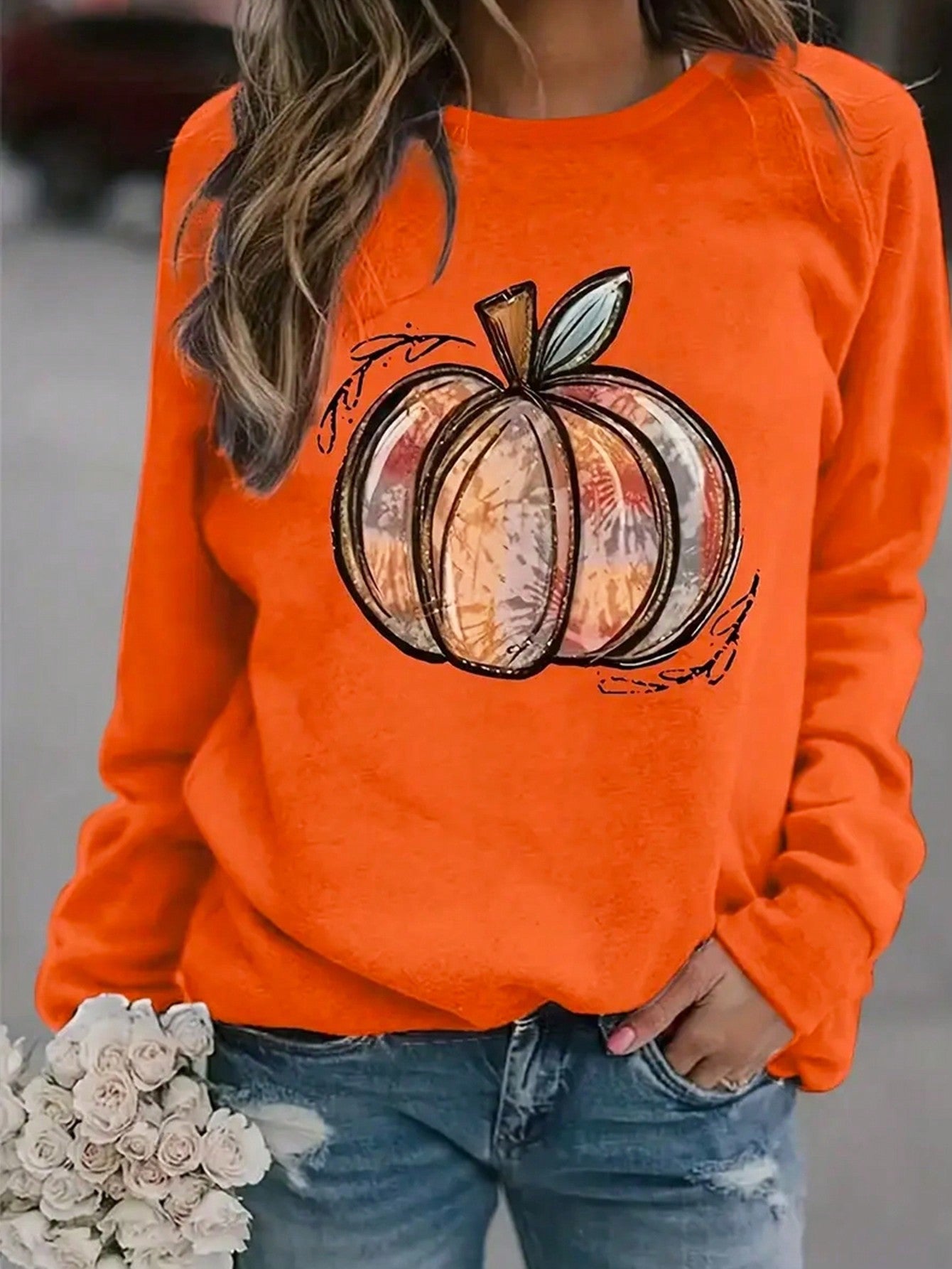 Plus Size Pumpkin Printed Round Neck Long Sleeve Sweatshirt, Casual Daily Wear